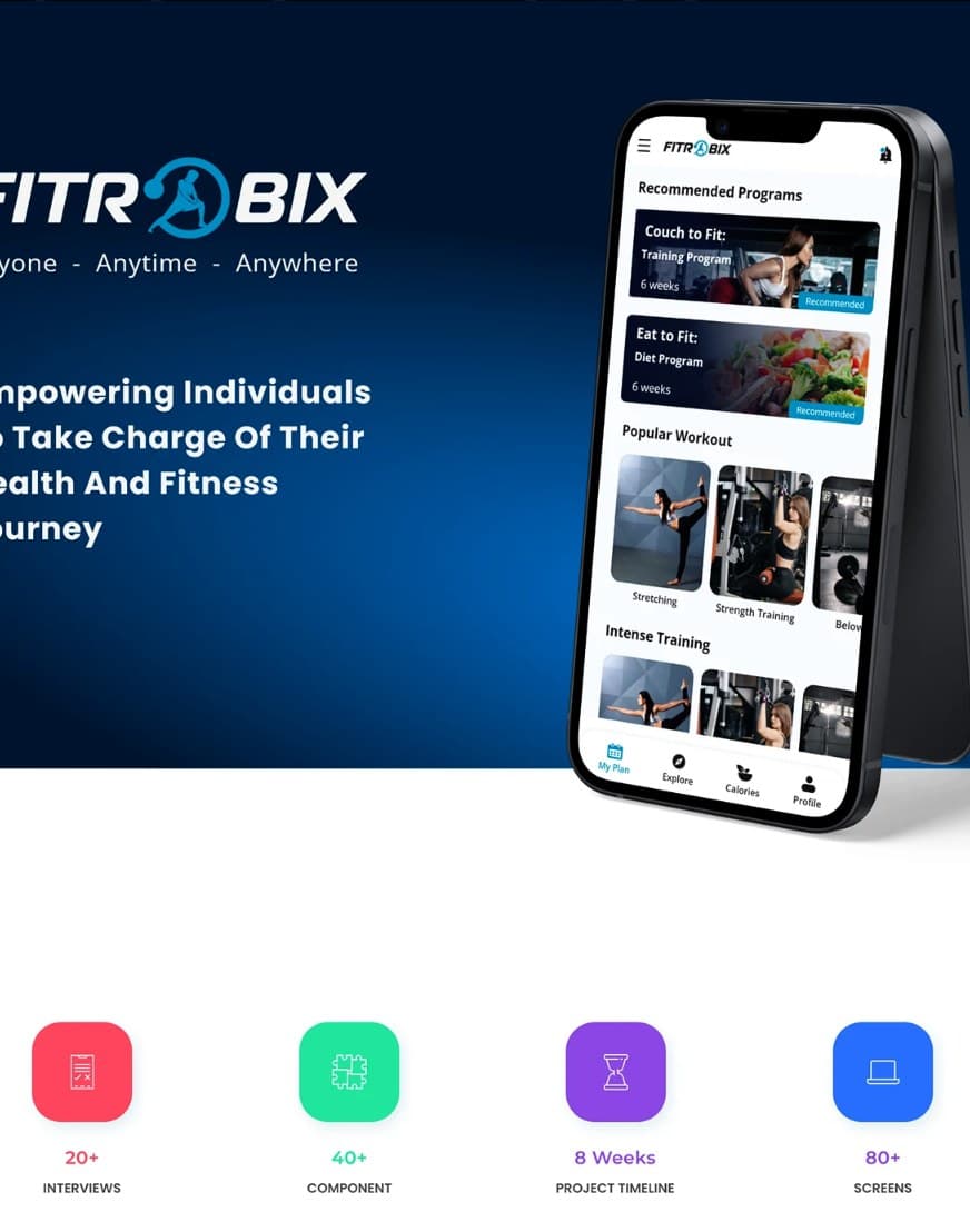 The Fitrobix fitness app on a phone: recommended programs, popular workouts and a plan-first home screen.