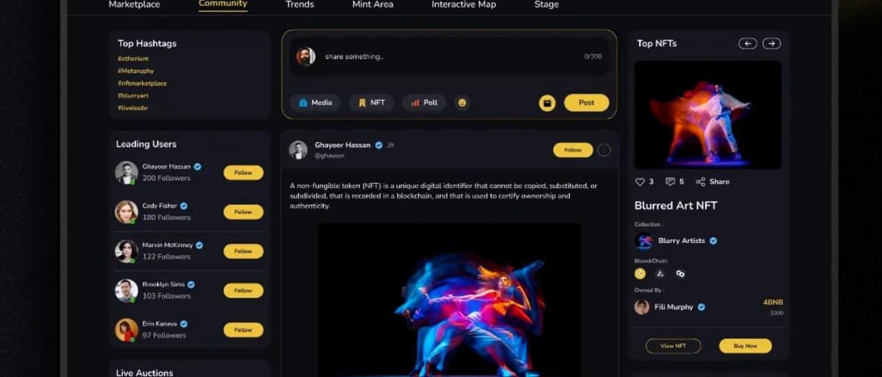 The LOOBR Web3 platform dashboard: a dark, gold-accented community feed with top NFTs, leading users and live auctions.