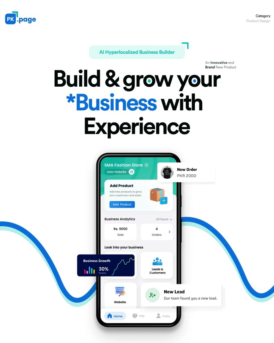 The PK Page e-commerce app on a phone, showing business analytics, orders and growth widgets.