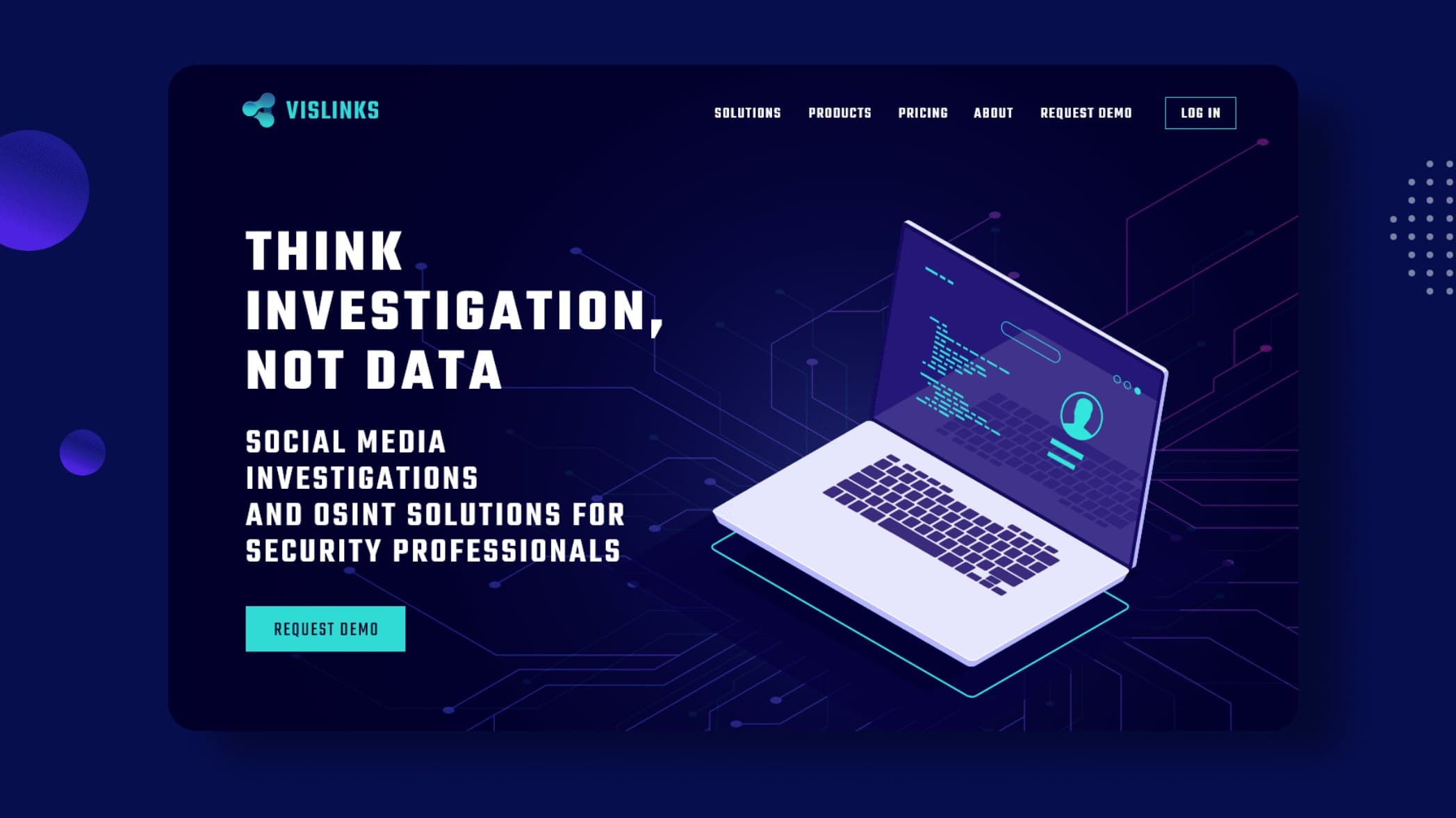 The VISLINKS landing page: a dark, technical OSINT platform with an isometric laptop and the line 'Think investigation, not data.'
