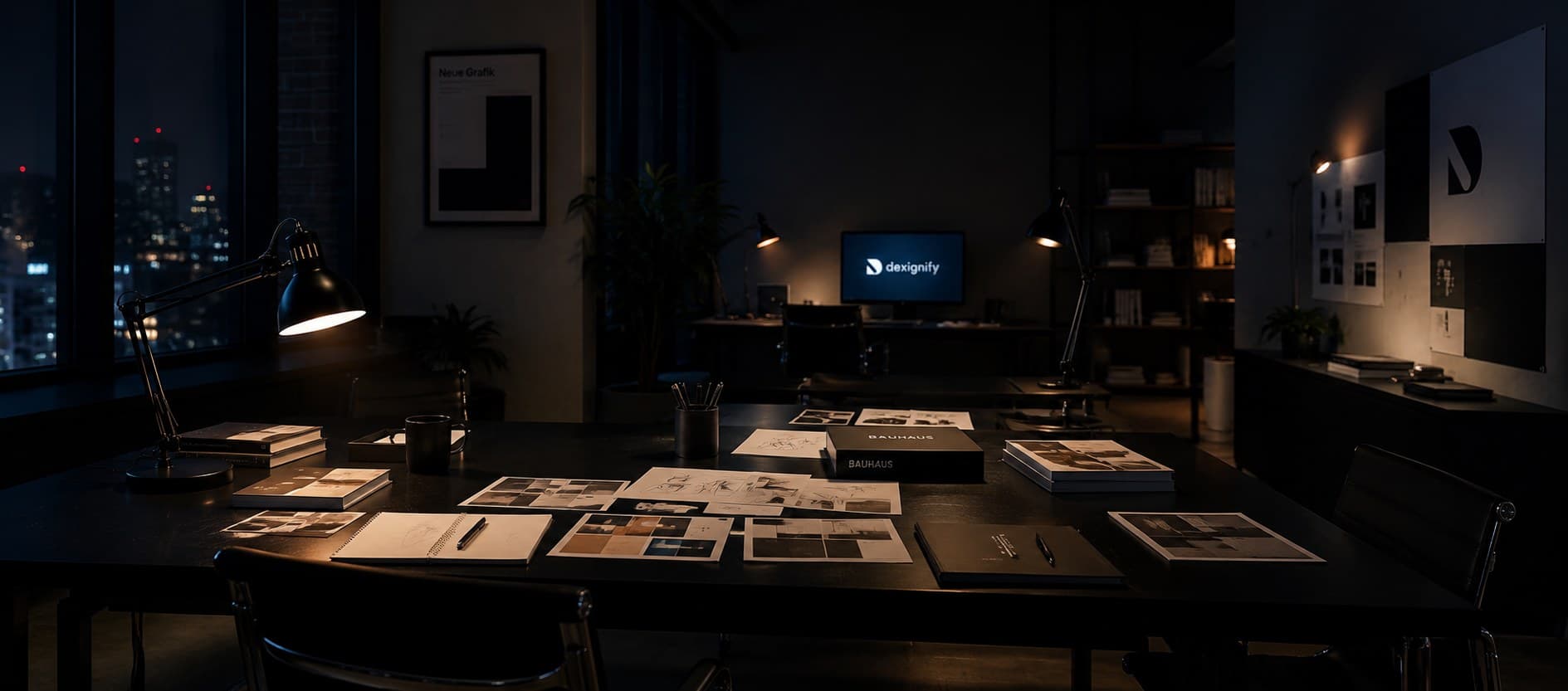 Dark studio interior at dusk: a long matte-black work table lit by warm lamps, a single screen glowing soft blue in the mid-distance.