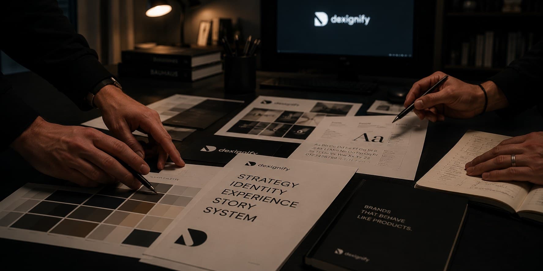 Close view of two hands reviewing printed type specimens and color chips on a matte-black table, a screen of design work glowing softly behind.